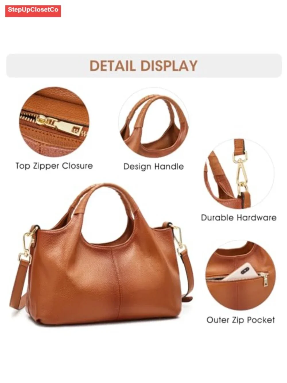 Top Grain Pebbled Cowhide Leather Crossbody Bag Satchel for Women Detachable